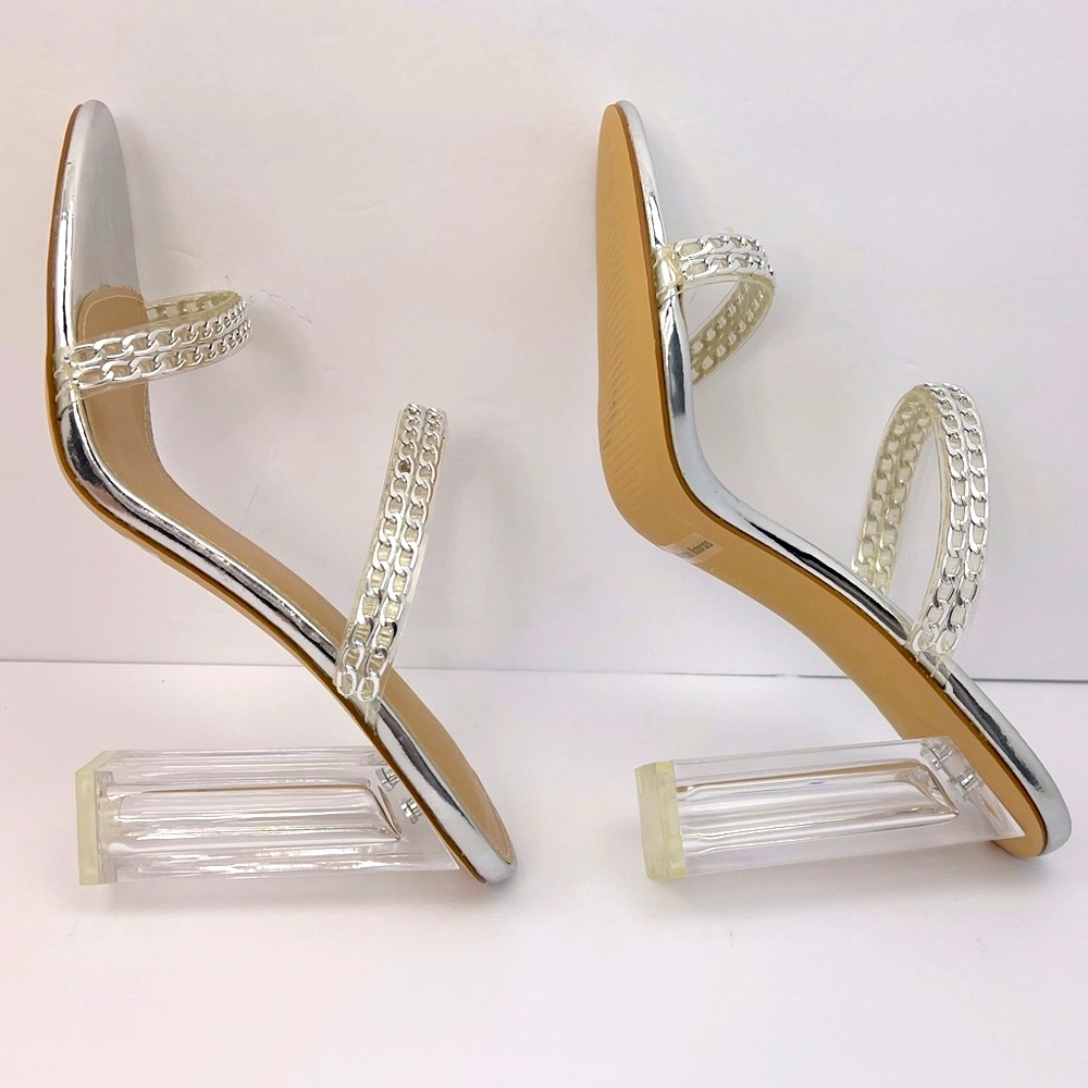 GLAZE SILVER CHAIN STRAPPY SANDALS, ALL MAN-MADE MATRIAL, WOMEN’S SIZE 10 - Picture 9 of 17